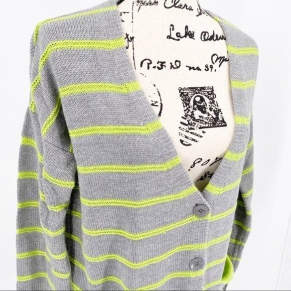 LUSH Button Front Gray & Lime Green Striped Cardigan Sweater with Pocket Small - Picture 4 of 8